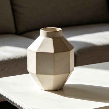 Geometric Faceted Beige Ceramic Vase